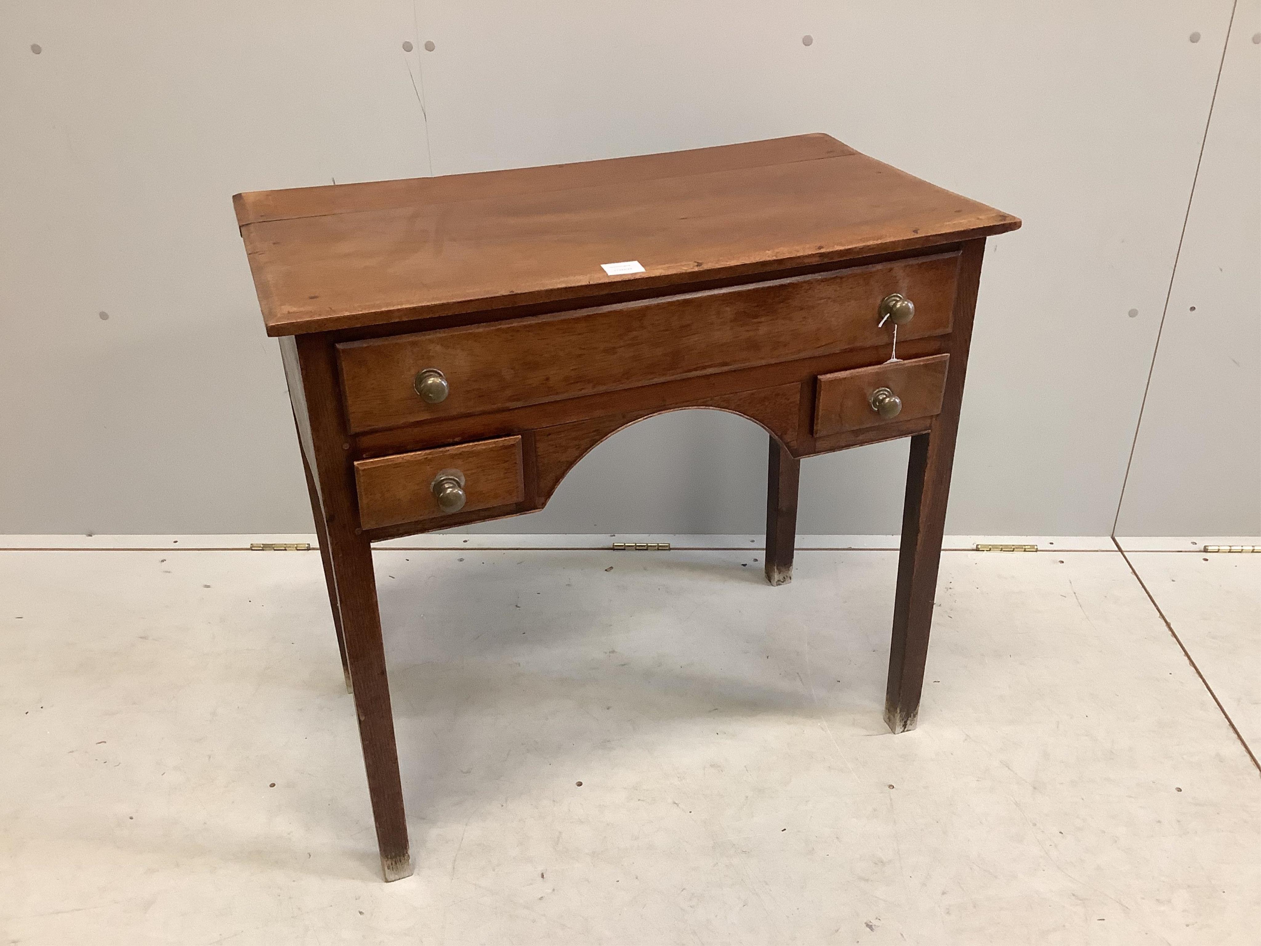 A George III mahogany lowboy, width 84cm, depth 46cm, height 78cm. Condition - poor to fair